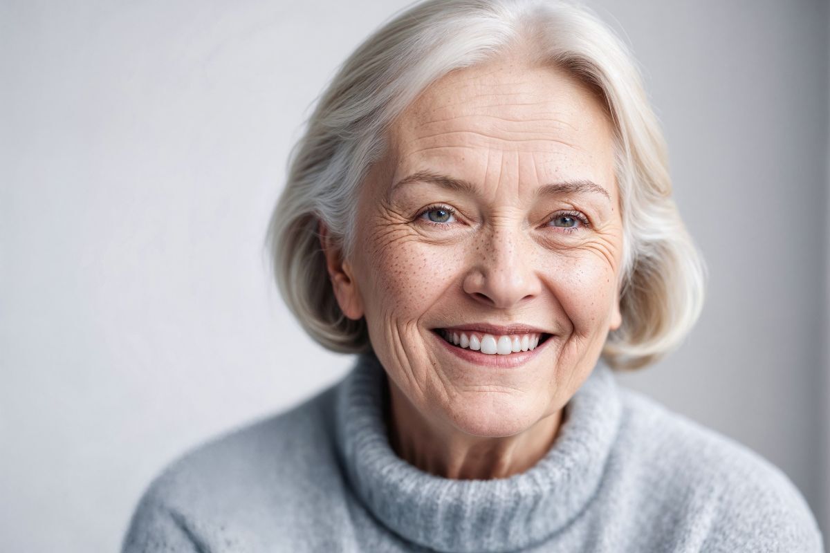 Smiling senior woman with healthy teeth wearing a gray sweater.