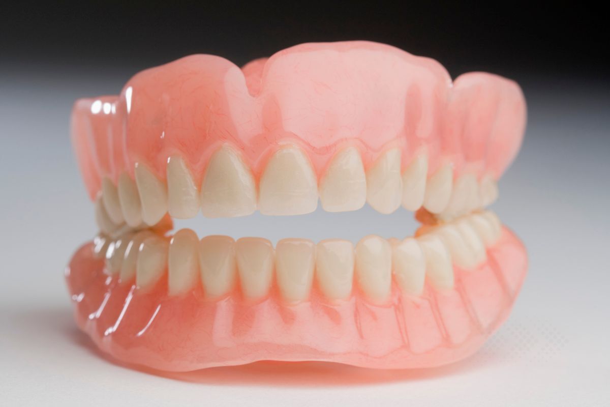 Full denture showing upper and lower artificial teeth with pink gum-colored base material.